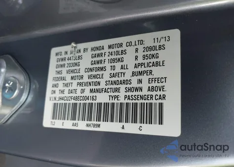 2014 Acura Tsx 2.4 из США, поврежденный, VIN JH4CU2F48EC004163